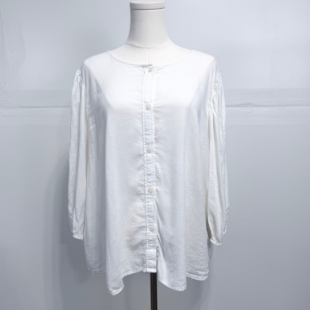 H&M White Linen Blend Puff Sleeve Button Down XXL Neutral Minimalist Feminine